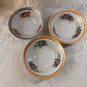 Yamastu Lusterware Vintage Opalescent Peach Blue Floral Bowls Japan 3 pcs.
